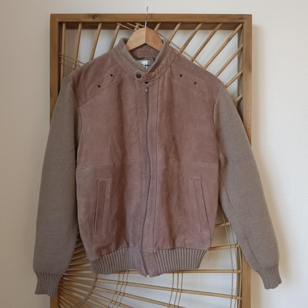 Vintage Split Skin Leather & Knit Bomber Jacket / Size Large